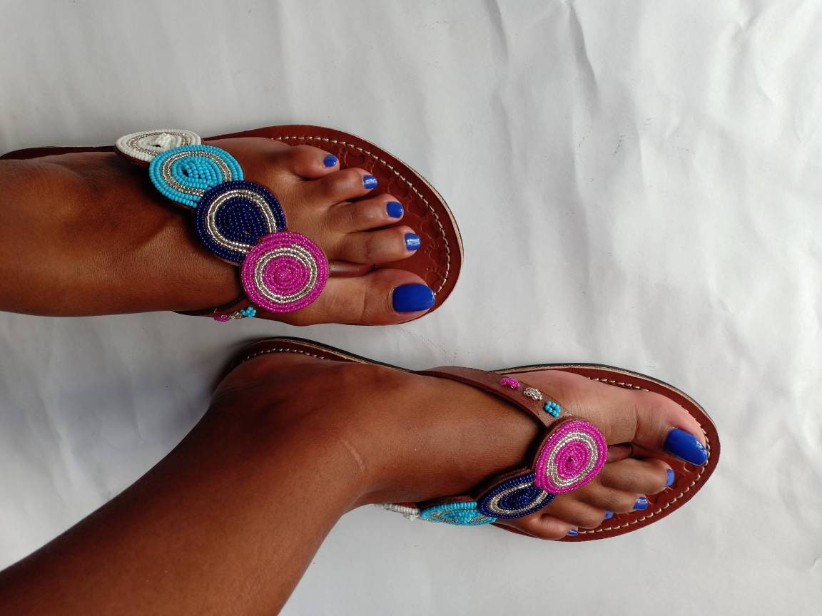Handmade African Beaded Sandals/Authentic Maasai-Style Leather Flip-Flops Women/Boho Beach Sandals/Comfortable Summer Sandal African Gifts