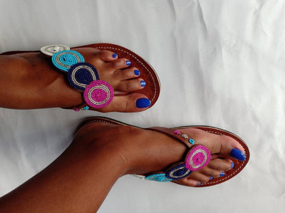 Handmade African Beaded Sandals/Authentic Maasai-Style Leather Flip-Flops Women/Boho Beach Sandals/Comfortable Summer Sandal African Gifts