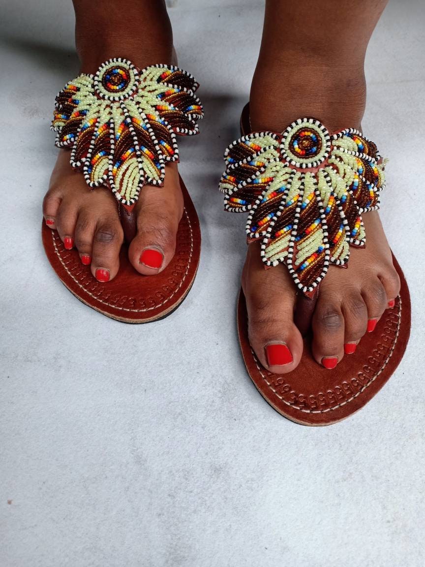 Handmade African Beaded Sandals/Authentic Maasai-Style Leather Flip-Flops Women/Boho Beach Sandals/Comfortable Summer Sandal African Gifts