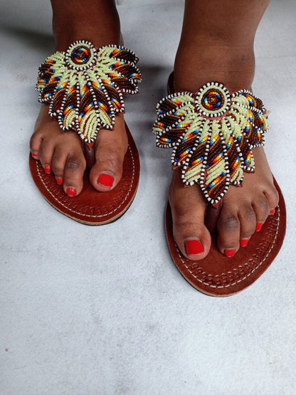 Handmade African Beaded Sandals/Authentic Maasai-Style Leather Flip-Flops Women/Boho Beach Sandals/Comfortable Summer Sandal African Gifts