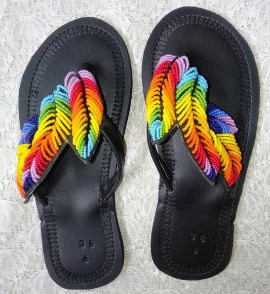 Handmade African Beaded Sandals/Authentic Maasai-Style Leather Flip-Flops Women/Boho Beach Sandals/Comfortable Summer Sandal African Gifts