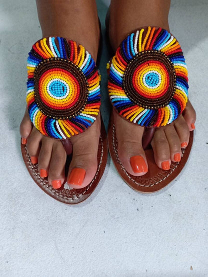 Handmade African Beaded Sandals/Authentic Maasai-Style Leather Flip-Flops Women/Boho Beach Sandals/Comfortable Summer Sandal African Gifts