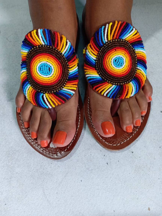Handmade African Beaded Sandals/Authentic Maasai-Style Leather Flip-Flops Women/Boho Beach Sandals/Comfortable Summer Sandal African Gifts
