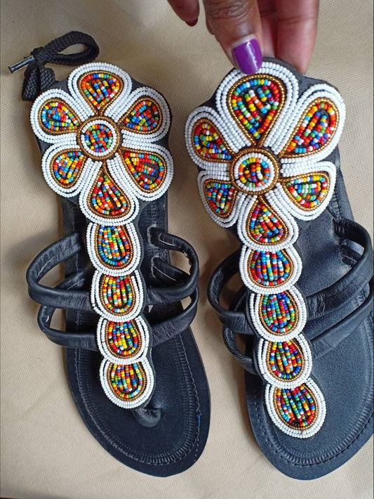 Handmade African Beaded Sandals/Authentic Maasai-Style Leather Flip-Flops Women/Boho Beach Sandals/Comfortable Summer Sandal African Gifts
