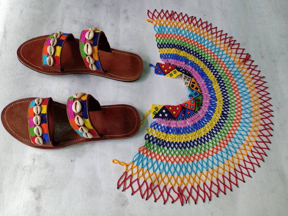 Handmade African Beaded Sandals/Authentic Maasai-Style Leather Flip-Flops Women/Boho Beach Sandals/Comfortable Summer Sandal African Gifts