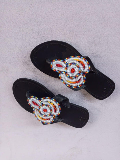 Handmade African Beaded Sandals/Authentic Maasai-Style Leather Flip-Flops Women/Boho Beach Sandals/Comfortable Summer Sandal African Gifts