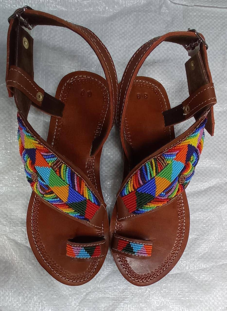 Handmade African Beaded Sandals/Authentic Maasai-Style Leather Flip-Flops Women/Boho Beach Sandals/Comfortable Summer Sandal African Gifts