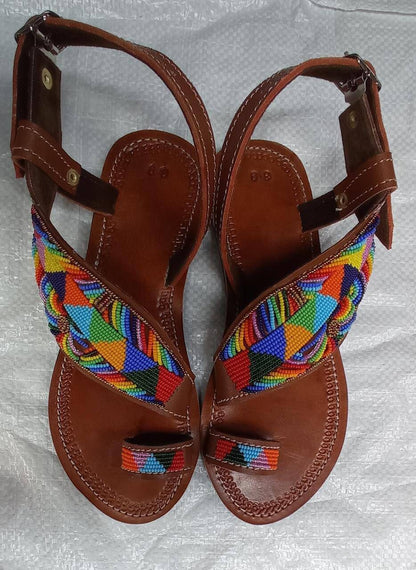 Handmade African Beaded Sandals/Authentic Maasai-Style Leather Flip-Flops Women/Boho Beach Sandals/Comfortable Summer Sandal African Gifts