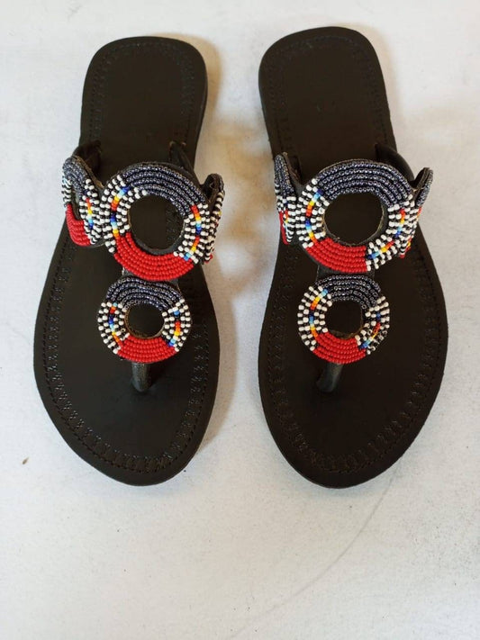 Handmade African Beaded Sandals/Authentic Maasai-Style Leather Flip-Flops Women/Boho Beach Sandals/Comfortable Summer Sandal African Gifts