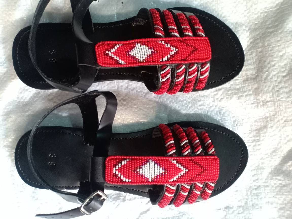 Handmade African Beaded Sandals/Authentic Maasai-Style Leather Flip-Flops Women/Boho Beach Sandals/Comfortable Summer Sandal African Gifts