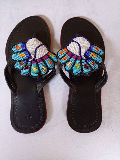 Handmade African Beaded Sandals/Authentic Maasai-Style Leather Flip-Flops Women/Boho Beach Sandals/Comfortable Summer Sandal African Gifts