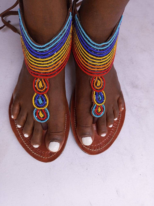 Handmade African Beaded Sandals/Authentic Maasai-Style Leather Flip-Flops Women/Boho Beach Sandals/Comfortable Summer Sandal African Gifts