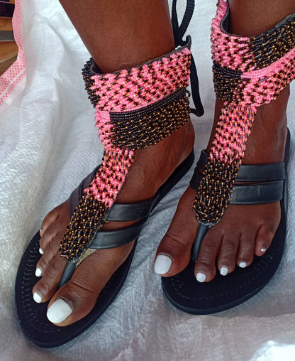 Handmade African Beaded Sandals/Authentic Maasai-Style Leather Flip-Flops Women/Boho Beach Sandals/Comfortable Summer Sandal African Gifts