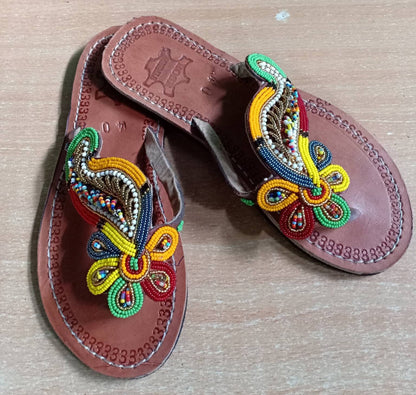Handmade African Beaded Sandals/Authentic Maasai-Style Leather Flip-Flops Women/Boho Beach Sandals/Comfortable Summer Sandal African Gifts