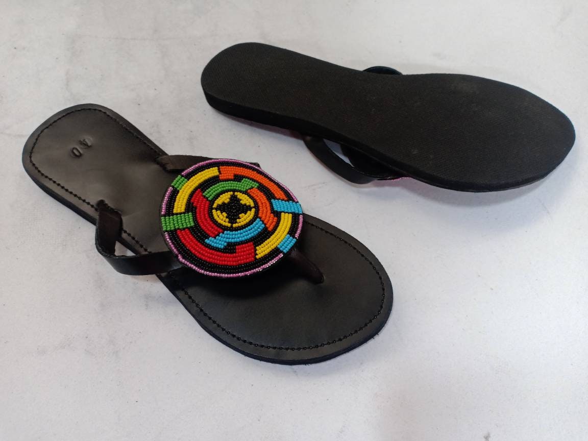 Handmade African Beaded Sandals/Authentic Maasai-Style Leather Flip-Flops Women/Boho Beach Sandals/Comfortable Summer Sandal African Gifts