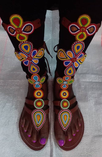 Handmade African Beaded Sandals/Authentic Maasai-Style Leather Flip-Flops Women/Boho Beach Sandals/Comfortable Summer Sandal African Gifts