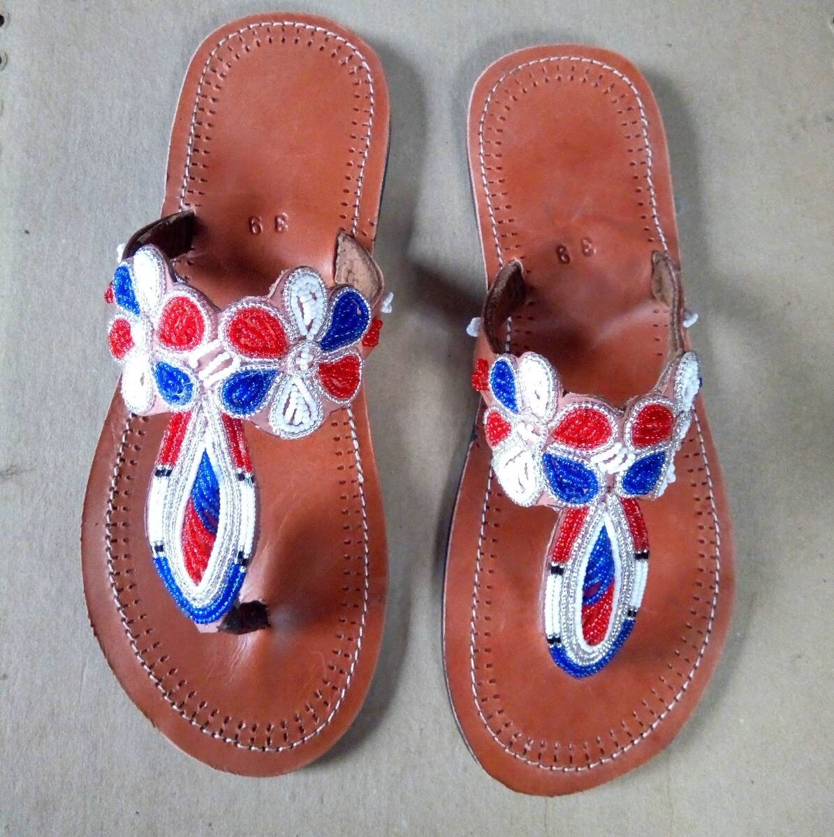 Handmade African Beaded Sandals/Authentic Maasai-Style Leather Flip-Flops Women/Boho Beach Sandals/Comfortable Summer Sandal African Gifts