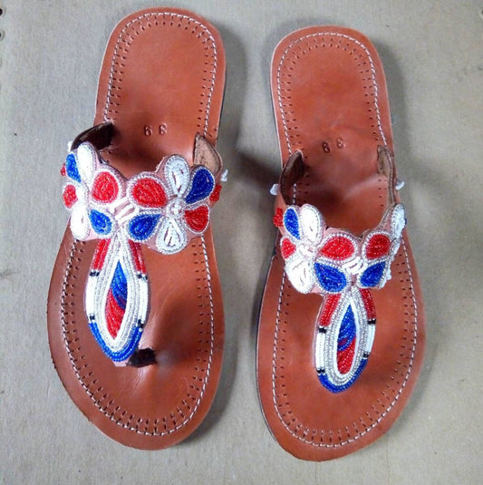 Handmade African Beaded Sandals/Authentic Maasai-Style Leather Flip-Flops Women/Boho Beach Sandals/Comfortable Summer Sandal African Gifts