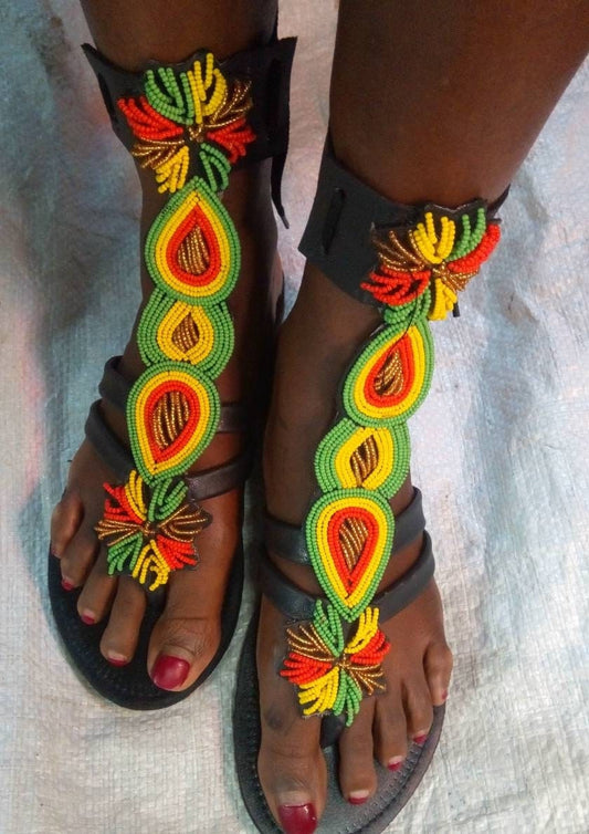 Handmade African Beaded Sandals/Authentic Maasai-Style Leather Flip-Flops Women/Boho Beach Sandals/Comfortable Summer Sandal African Gifts