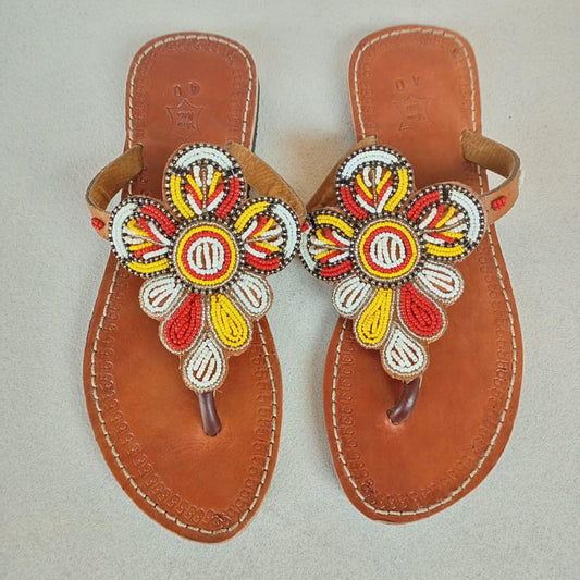 Handmade African Beaded Sandals/Authentic Maasai-Style Leather Flip-Flops Women/Boho Beach Sandals/Comfortable Summer Sandal African Gifts
