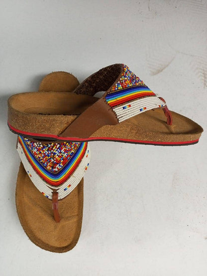 Handmade African Beaded Sandals/Authentic Maasai-Style Leather Flip-Flops Women/Boho Beach Sandals/Comfortable Summer Sandal African Gifts