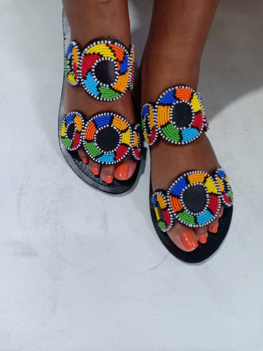 Handmade African Beaded Sandals/Authentic Maasai-Style Leather Flip-Flops Women/Boho Beach Sandals/Comfortable Summer Sandal African Gifts