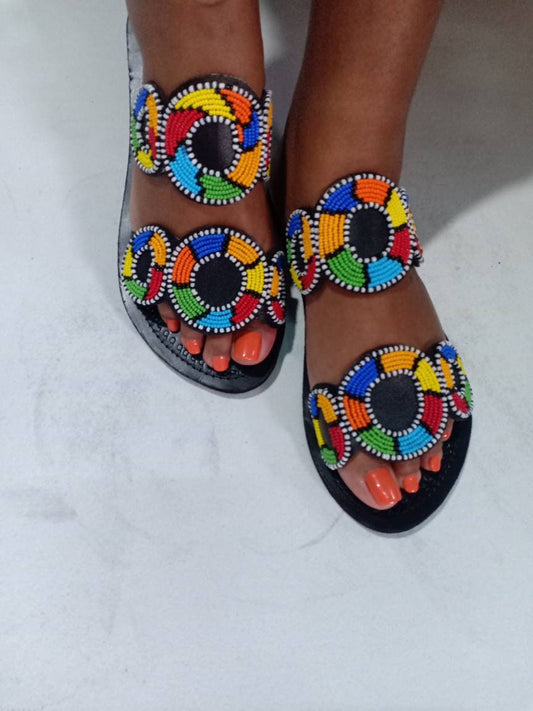 Handmade African Beaded Sandals/Authentic Maasai-Style Leather Flip-Flops Women/Boho Beach Sandals/Comfortable Summer Sandal African Gifts