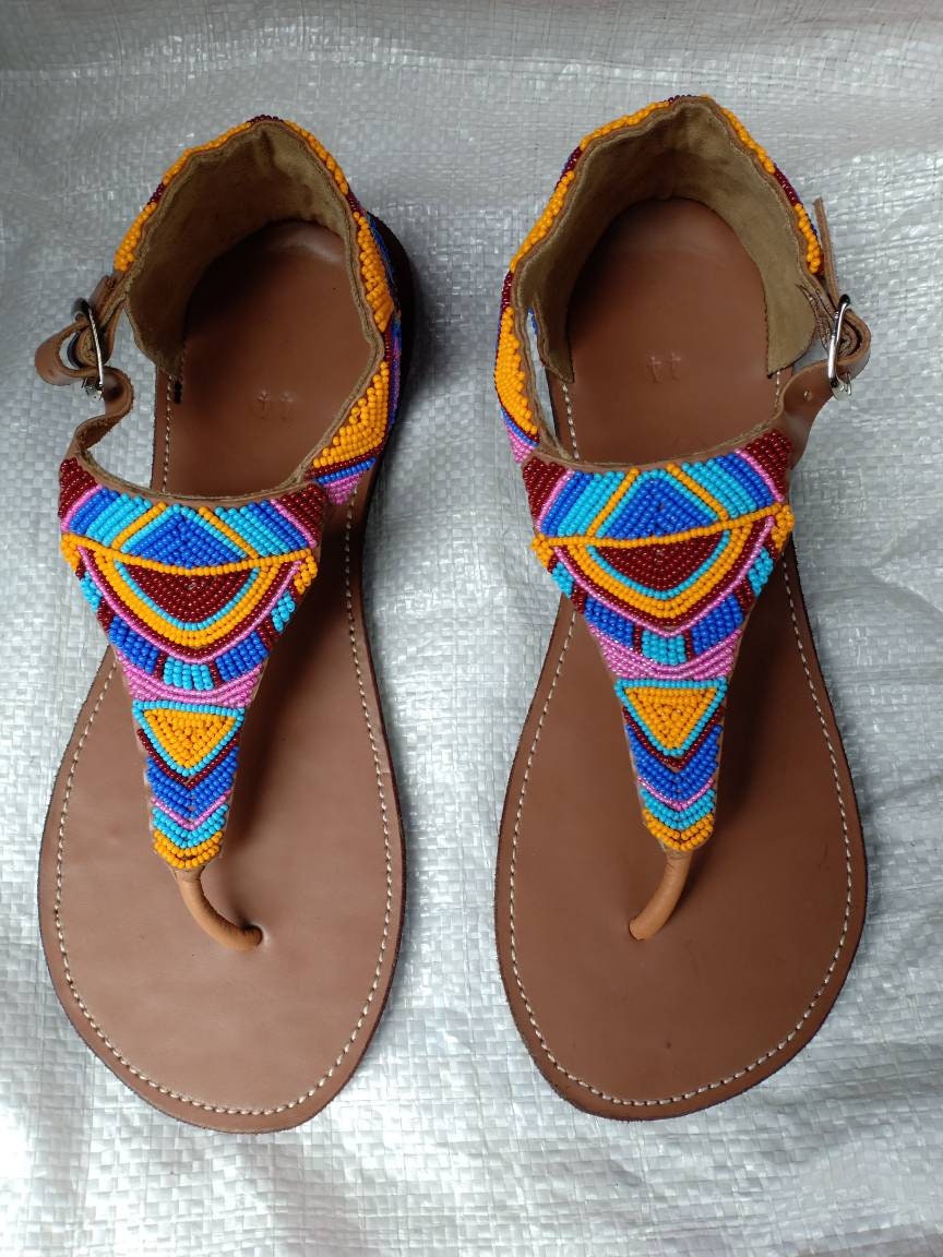Handmade African Beaded Sandals/Authentic Maasai-Style Leather Flip-Flops Women/Boho Beach Sandals/Comfortable Summer Sandal African Gifts
