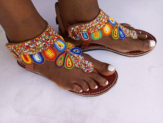 Handmade African Beaded Sandals/Authentic Maasai-Style Leather Flip-Flops Women/Boho Beach Sandals/Comfortable Summer Sandal African Gifts