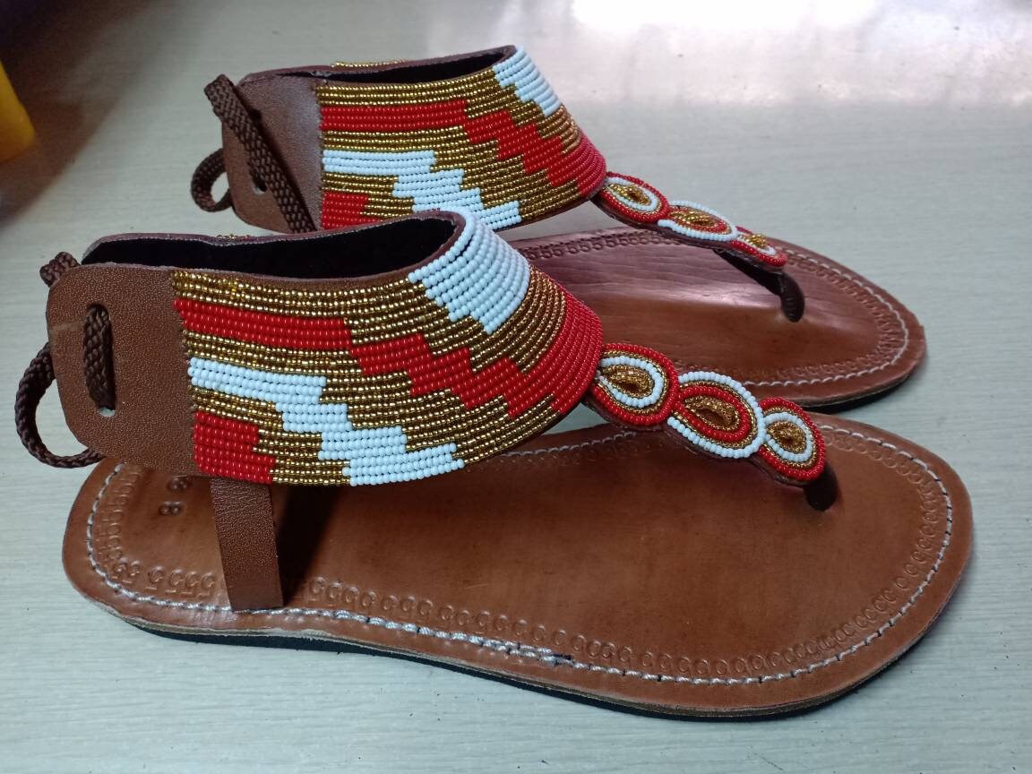 Handmade African Beaded Sandals/Authentic Maasai-Style Leather Flip-Flops Women/Boho Beach Sandals/Comfortable Summer Sandal African Gifts