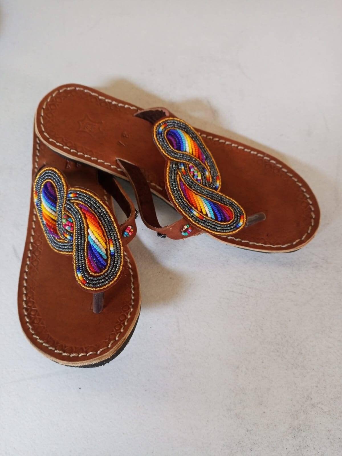 Handmade African Beaded Sandals/Authentic Maasai-Style Leather Flip-Flops Women/Boho Beach Sandals/Comfortable Summer Sandal African Gifts