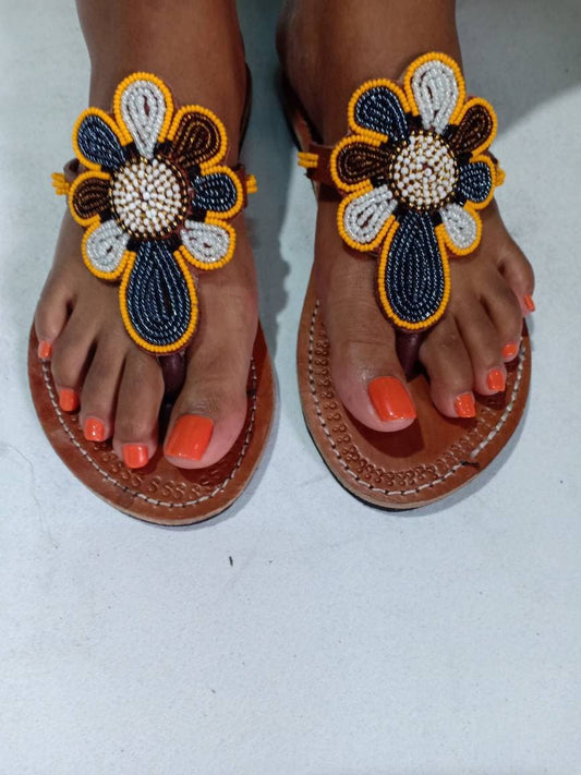 Handmade African Beaded Sandals/Authentic Maasai-Style Leather Flip-Flops Women/Boho Beach Sandals/Comfortable Summer Sandal African Gifts