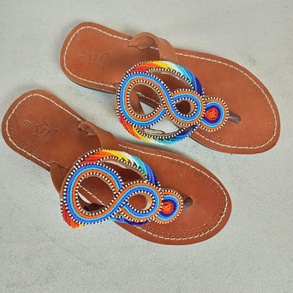 Handmade African Beaded Sandals/Authentic Maasai-Style Leather Flip-Flops Women/Boho Beach Sandals/Comfortable Summer Sandal African Gifts