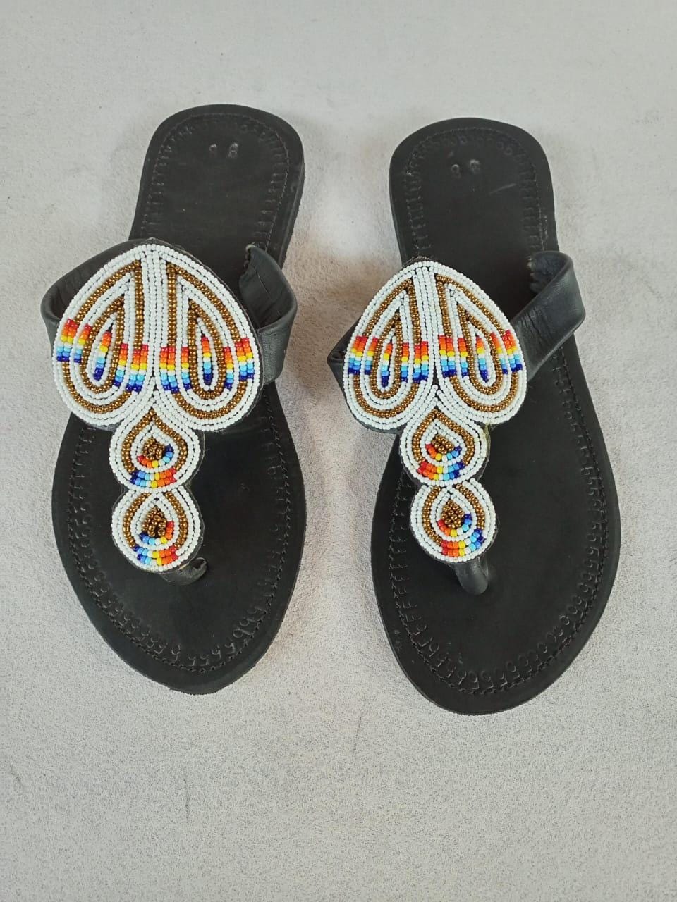 Handmade African Beaded Sandals/Authentic Maasai-Style Leather Flip-Flops Women/Boho Beach Sandals/Comfortable Summer Sandal African Gifts