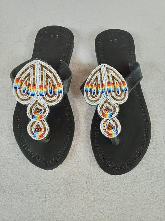 Handmade African Beaded Sandals/Authentic Maasai-Style Leather Flip-Flops Women/Boho Beach Sandals/Comfortable Summer Sandal African Gifts