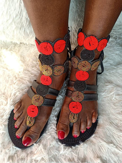 Handmade African Beaded Sandals/Authentic Maasai-Style Leather Flip-Flops Women/Boho Beach Sandals/Comfortable Summer Sandal African Gifts