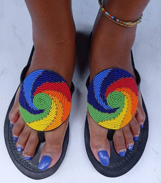Handmade African Beaded Sandals/Authentic Maasai-Style Leather Flip-Flops Women/Boho Beach Sandals/Comfortable Summer Sandal African Gifts