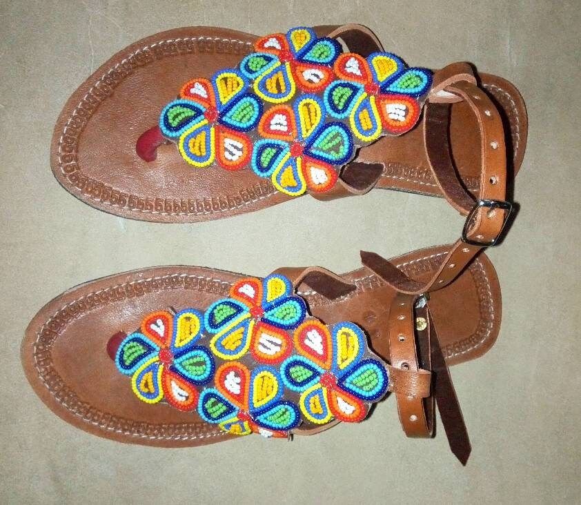 Handmade African Beaded Sandals/Authentic Maasai-Style Leather Flip-Flops Women/Boho Beach Sandals/Comfortable Summer Sandal African Gifts