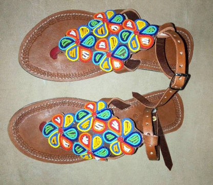 Handmade African Beaded Sandals/Authentic Maasai-Style Leather Flip-Flops Women/Boho Beach Sandals/Comfortable Summer Sandal African Gifts