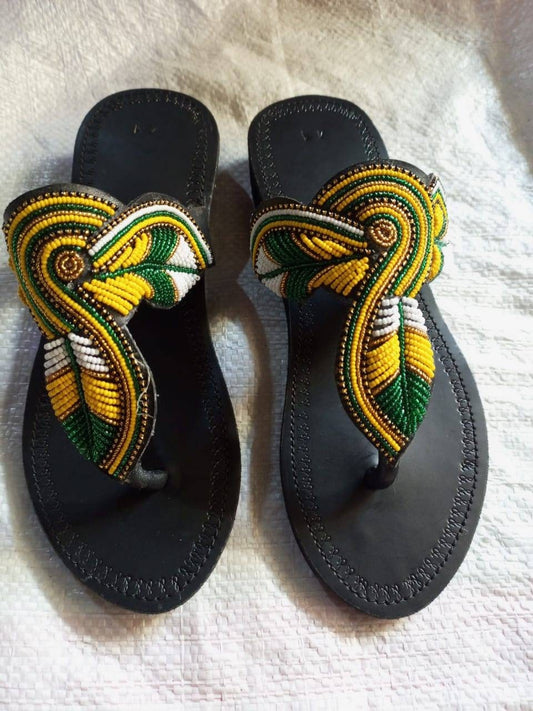 Handmade African Beaded Sandals/Authentic Maasai-Style Leather Flip-Flops Women/Boho Beach Sandals/Comfortable Summer Sandal African Gifts