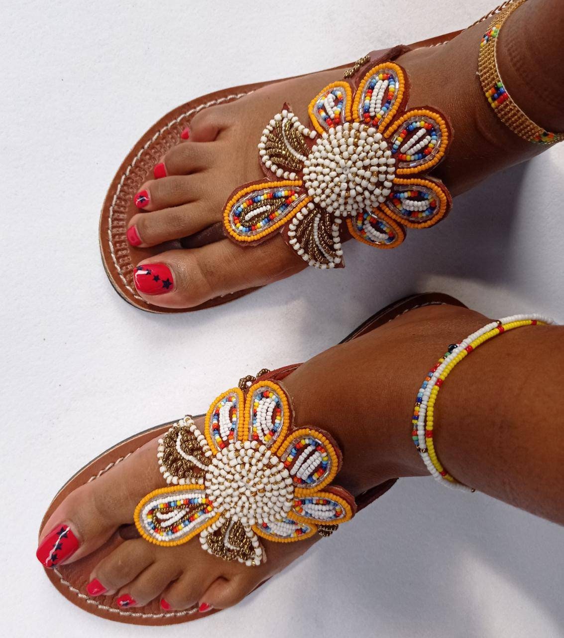 Handmade African Beaded Sandals/Authentic Maasai-Style Leather Flip-Flops Women/Boho Beach Sandals/Comfortable Summer Sandal African Gifts