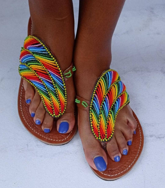 Handmade African Beaded Sandals/Authentic Maasai-Style Leather Flip-Flops Women/Boho Beach Sandals/Comfortable Summer Sandal African Gifts