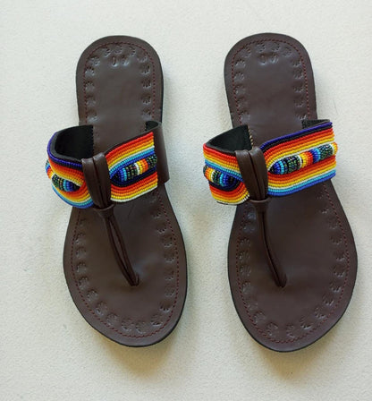 Handmade African Beaded Sandals/Authentic Maasai-Style Leather Flip-Flops Women/Boho Beach Sandals/Comfortable Summer Sandal African Gifts