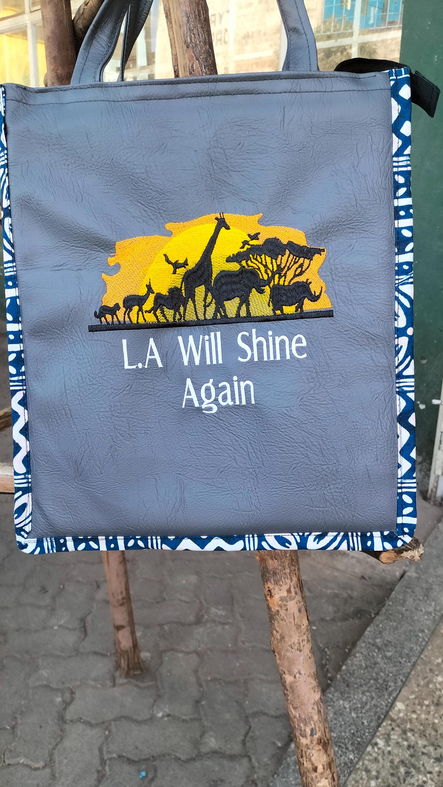 L A will Shine again African Leather Tote bag, handcrafted laptop bag,Black woman modern African tote bag, Stylish tote bag, Brown girl bag.