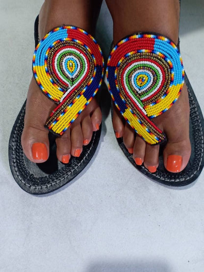 Handmade African Beaded Sandals/Authentic Maasai-Style Leather Flip-Flops Women/Boho Beach Sandals/Comfortable Summer Sandal African Gifts
