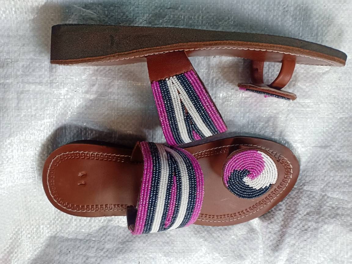 Handmade African Beaded Sandals/Authentic Maasai-Style Leather Flip-Flops Women/Boho Beach Sandals/Comfortable Summer Sandal African Gifts