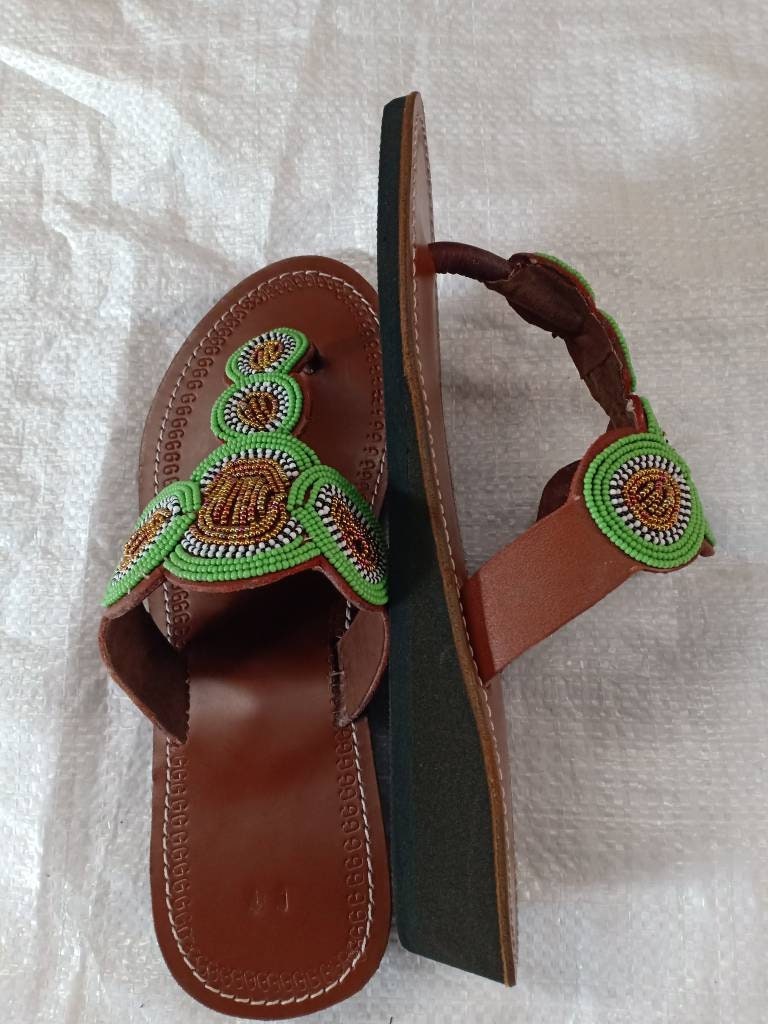 Handmade African Beaded Sandals/Authentic Maasai-Style Leather Flip-Flops Women/Boho Beach Sandals/Comfortable Summer Sandal African Gifts