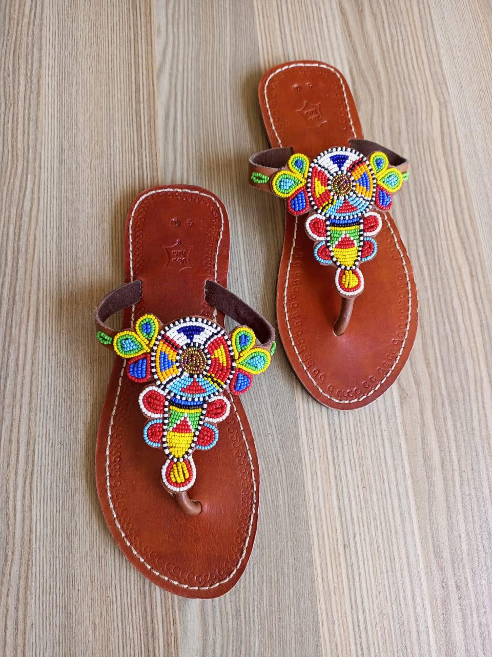 Handmade African Beaded Sandals/Authentic Maasai-Style Leather Flip-Flops Women/Boho Beach Sandals/Comfortable Summer Sandal African Gifts