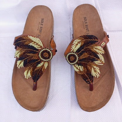 Handmade African Beaded Sandals/Authentic Maasai-Style Leather Flip-Flops Women/Boho Beach Sandals/Comfortable Summer Sandal African Gifts