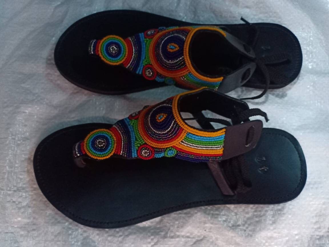 Handmade African Beaded Sandals/Authentic Maasai-Style Leather Flip-Flops Women/Boho Beach Sandals/Comfortable Summer Sandal African Gifts
